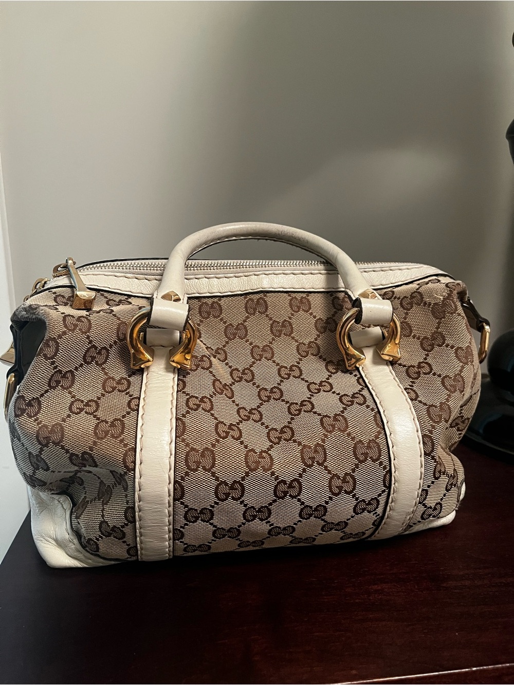Gucci Beige GG Canvas Satchel with White Leather Trim